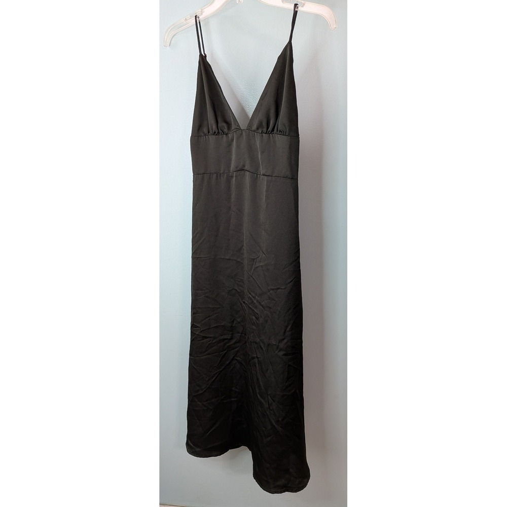 La Miel Midi Dress Womens Large Black Excellent Satin V-Neck Smocked Back Slip